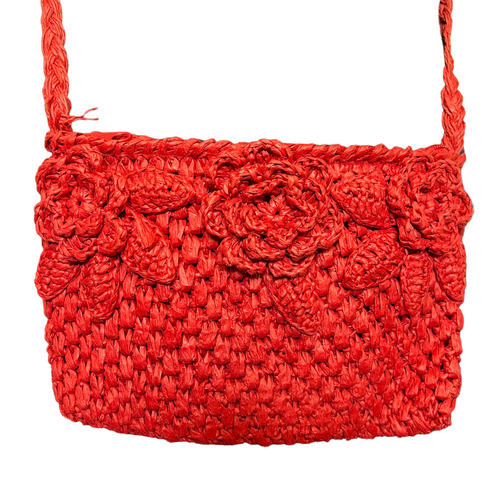 Cappelli Straworld Crossbody Purse Red Raffia Floral Crochet